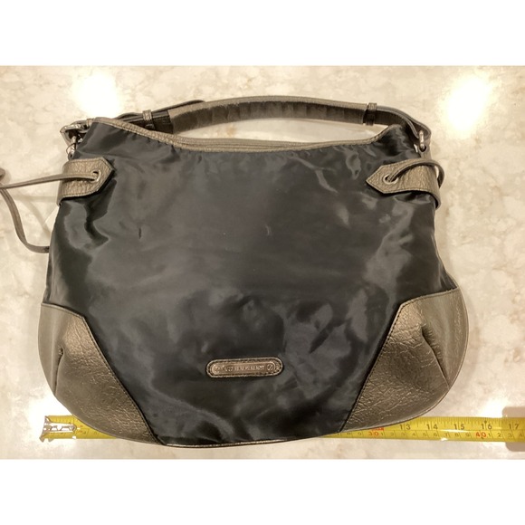 Burberry Hobo Bag Metallic Leather Trim Nylon Shoulder Bag Designer Purse - Picture 1 of 8
